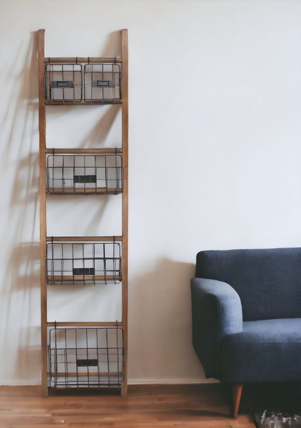 63" Natural and Black Wood And Metal Storage Shelf With Metal Baskets