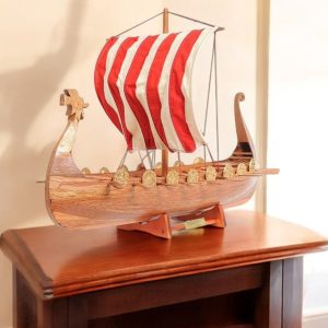 20" Wood Brown Solid Wood Hand Painted Model Boat Tabletop Sculpture