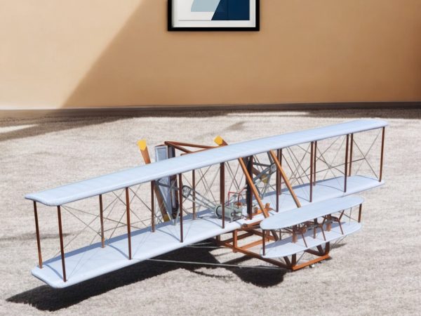 24" Brown and White Solid Wood Hand Painted Model Airplane Tabletop Sculpture