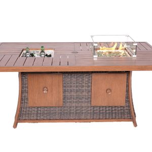 Brown Wicker Outdoor Gas Fire Pit Table with Ice Bucket