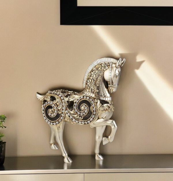 12" Silver With Gold Polyresin Horse Statue Sculpture