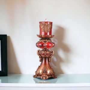 16" Tall Red and Brown Faux Marble Candle Holder with Candle