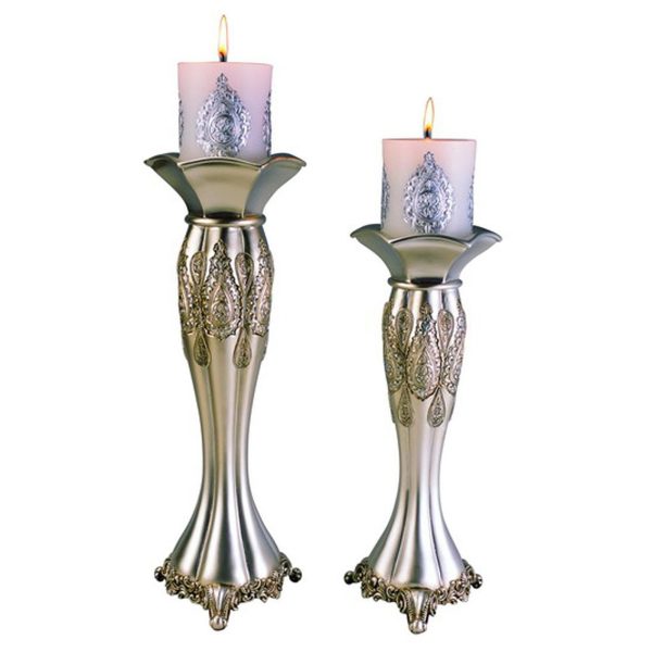 Set of Two Silver Metallic Polyresin Ornate Tabletop Pillar Candle Holders With Candle - Image 2