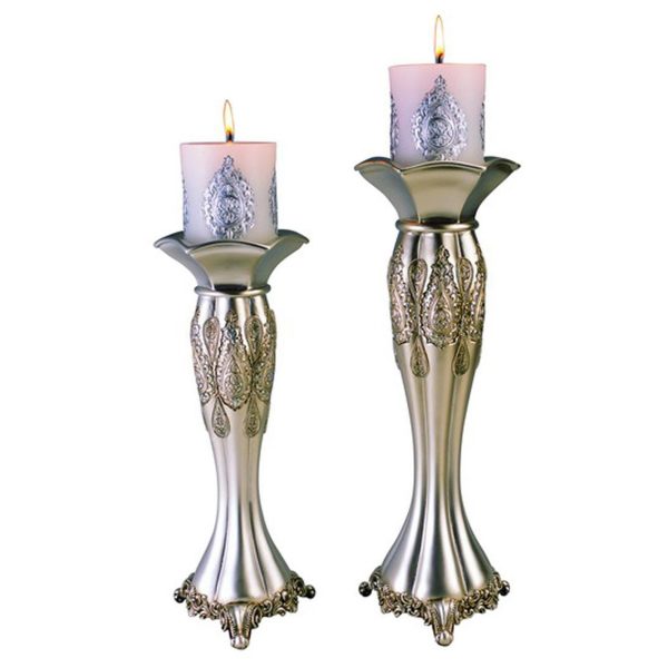 Set of Two Silver Metallic Polyresin Ornate Tabletop Pillar Candle Holders With Candle - Image 3