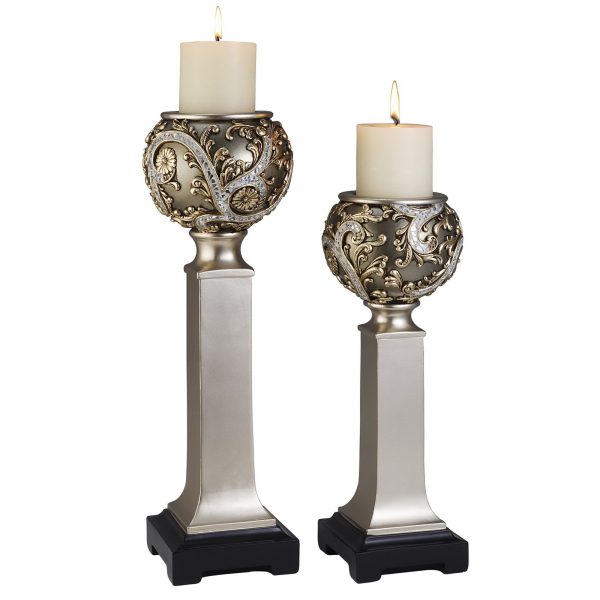 Set of Two Silver Polyresin Filigree Tabletop Pillar Candle Holders With Candle - Image 2