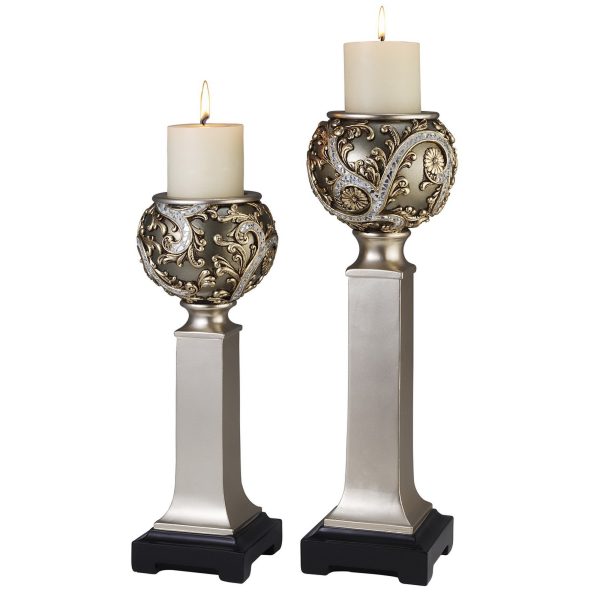 Set of Two Silver Polyresin Filigree Tabletop Pillar Candle Holders With Candle - Image 3