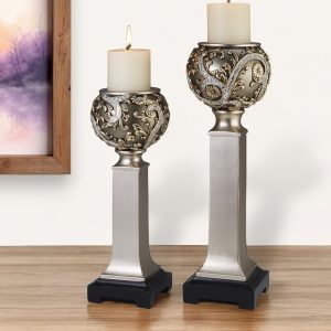 Set of Two Silver Polyresin Filigree Tabletop Pillar Candle Holders With Candle