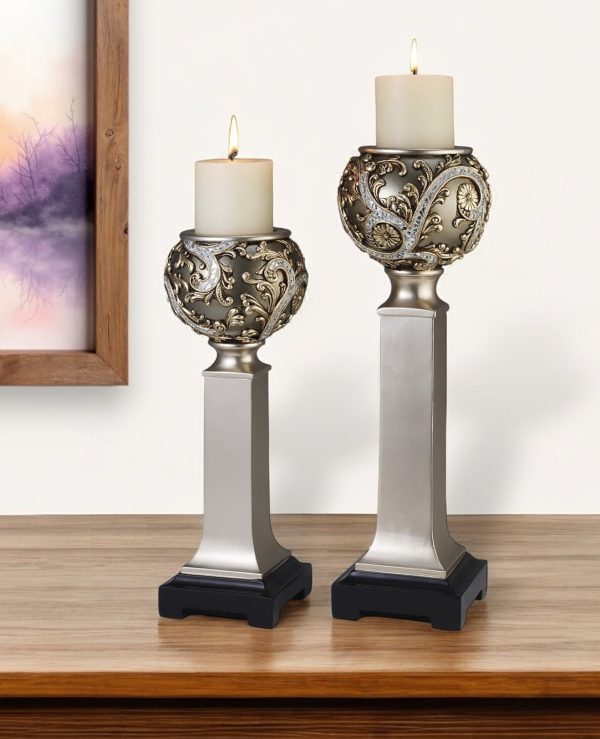 Set of Two Silver Polyresin Filigree Tabletop Pillar Candle Holders With Candle