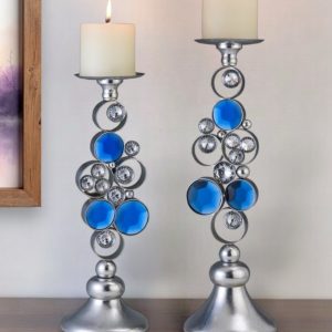 Set Of Two Silver and Blue Bling Tabletop Pillar Candle Holders