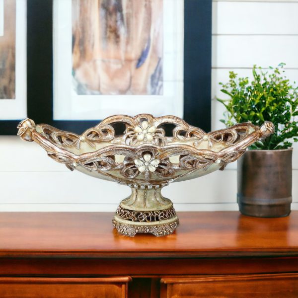 9" Beige And Gold Polyresin Decorative Bowl - Image 2