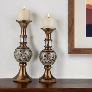 Set of Two Gold and Silver Polyresin Filigree Centerpiece Pillar Candle Holders With Candle