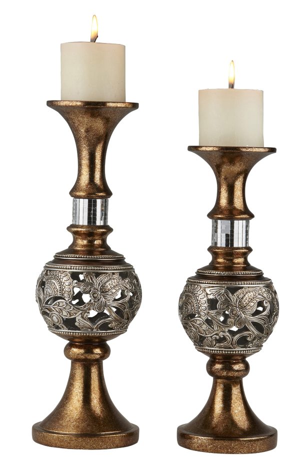 Set of Two Gold and Silver Polyresin Filigree Centerpiece Pillar Candle Holders With Candle - Image 2