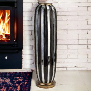 21" Black and Silver Striped Cylinder Polyresin Floor Vase