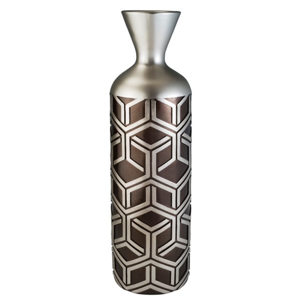 22" Brown and Silver Geometric Cylinder Polyresin Floor Vase - Image 3