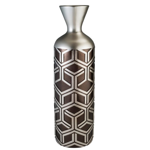 22" Brown and Silver Geometric Cylinder Polyresin Floor Vase - Image 2