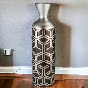 22" Brown and Silver Geometric Cylinder Polyresin Floor Vase