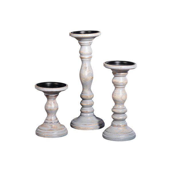 Set of Three Rustic Gray Genuine Wood Hand Carved Pillar Candle Holders - Image 2