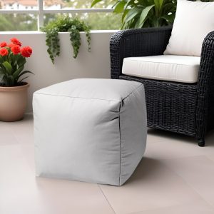 17" White Canvas Cube Outdoor Pouf Ottoman