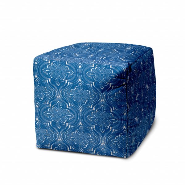 17" Blue and White Polyester Cube Damask Outdoor Pouf Ottoman