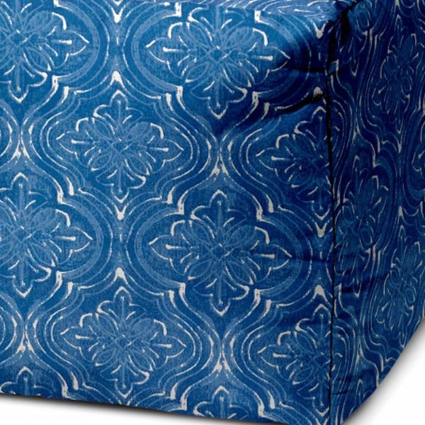 17" Blue and White Polyester Cube Damask Outdoor Pouf Ottoman - Image 3