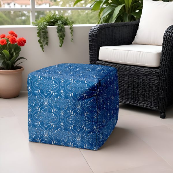 17" Blue and White Polyester Cube Damask Outdoor Pouf Ottoman - Image 2