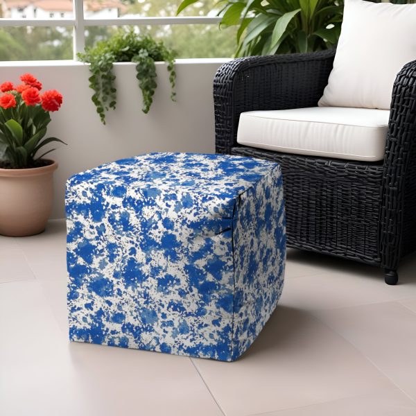 17" Blue and White Polyester Cube Abstract Outdoor Pouf Ottoman - Image 2