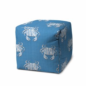 17" Blue and White Polyester Cube Crab Outdoor Pouf Ottoman