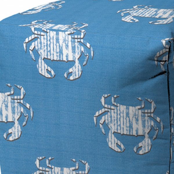 17" Blue and White Polyester Cube Crab Outdoor Pouf Ottoman - Image 3