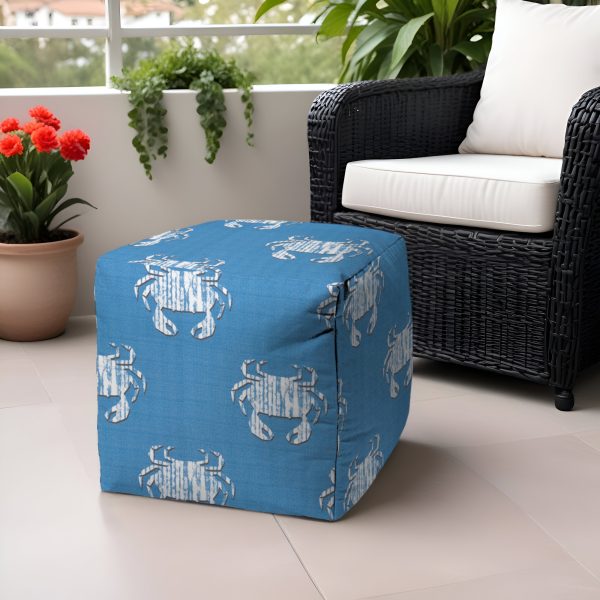 17" Blue and White Polyester Cube Crab Outdoor Pouf Ottoman - Image 2