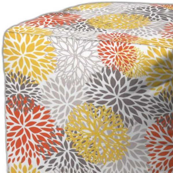 17" Yellow Gray and White Polyester Cube Floral Outdoor Pouf Ottoman - Image 3