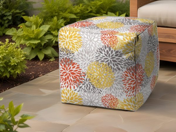 17" Yellow Gray and White Polyester Cube Floral Outdoor Pouf Ottoman - Image 2