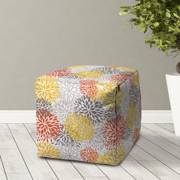 17" Yellow Gray and White Polyester Cube Floral Outdoor Pouf Ottoman - Image 3