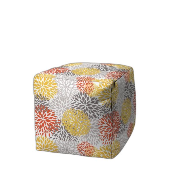 17" Yellow Gray and White Polyester Cube Floral Outdoor Pouf Ottoman - Image 2