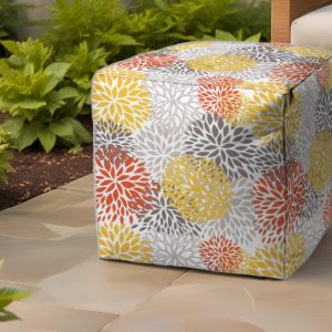 17" Yellow Gray and White Polyester Cube Floral Outdoor Pouf Ottoman