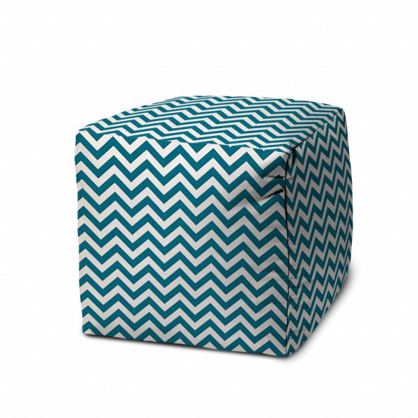 17" Turquoise and White Polyester Cube Chevron Outdoor Pouf Ottoman - Image 2