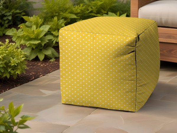 17" Yellow Polyester Cube Polka Dots Indoor Outdoor Pouf Ottoman