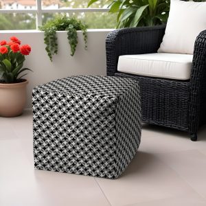 17" Black And White Polyester Cube Geometric Indoor Outdoor Pouf Ottoman