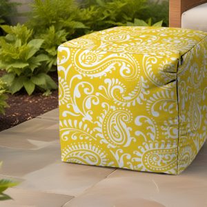 17" Yellow Polyester Cube Paisley Indoor Outdoor Pouf Ottoman