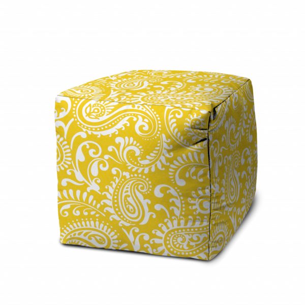 17" Yellow Polyester Cube Paisley Indoor Outdoor Pouf Ottoman - Image 2