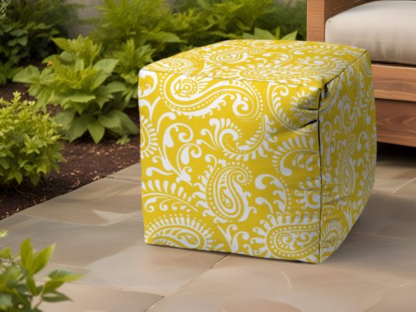 17" Yellow Polyester Cube Paisley Indoor Outdoor Pouf Ottoman