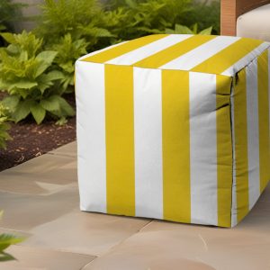 17" Yellow And White Polyester Cube Striped Indoor Outdoor Pouf Ottoman