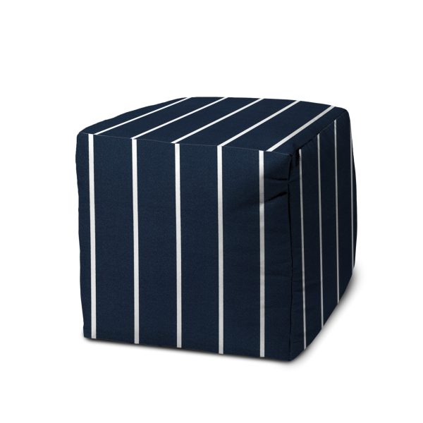 17" Blue Polyester Cube Striped Indoor Outdoor Pouf Ottoman - Image 2