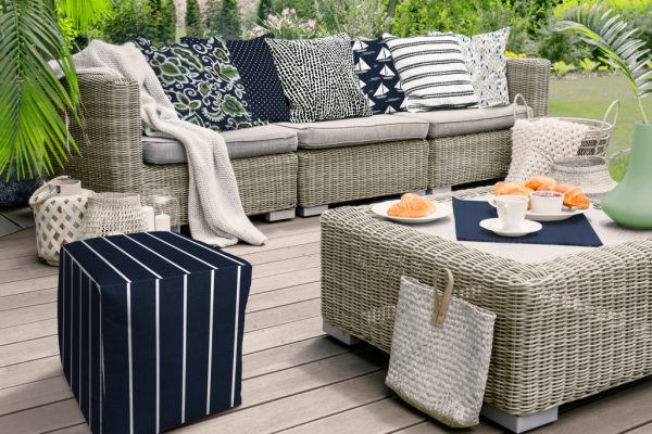 17" Blue Polyester Cube Striped Indoor Outdoor Pouf Ottoman - Image 3