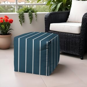 17" Turquoise Polyester Cube Striped Indoor Outdoor Pouf Ottoman