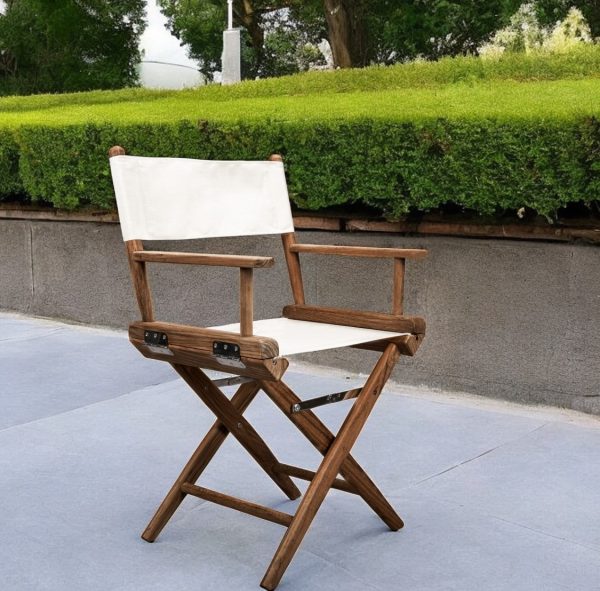 23" Brown and Ivory and Natural Wood Solid Wood Indoor Outdoor Director Chair - Image 2