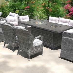 Twelve Piece Outdoor Gray Wicker Multiple Chairs Seating Group Fire Pit Included with White Cushions