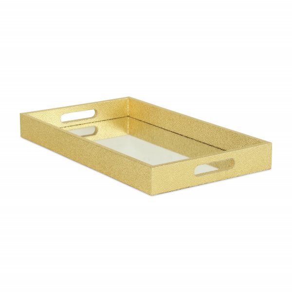 16" Gold Rectangular Wood Handmade Tray With Handles - Image 3