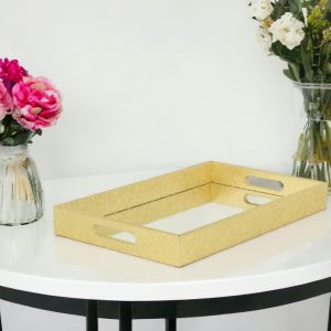 16" Gold Rectangular Wood Handmade Tray With Handles