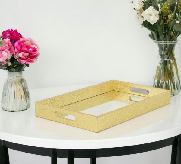 16" Gold Rectangular Wood Handmade Tray With Handles