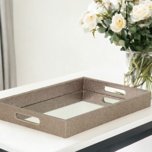 16" Gray Rectangular Wood Handmade Tray With Handles